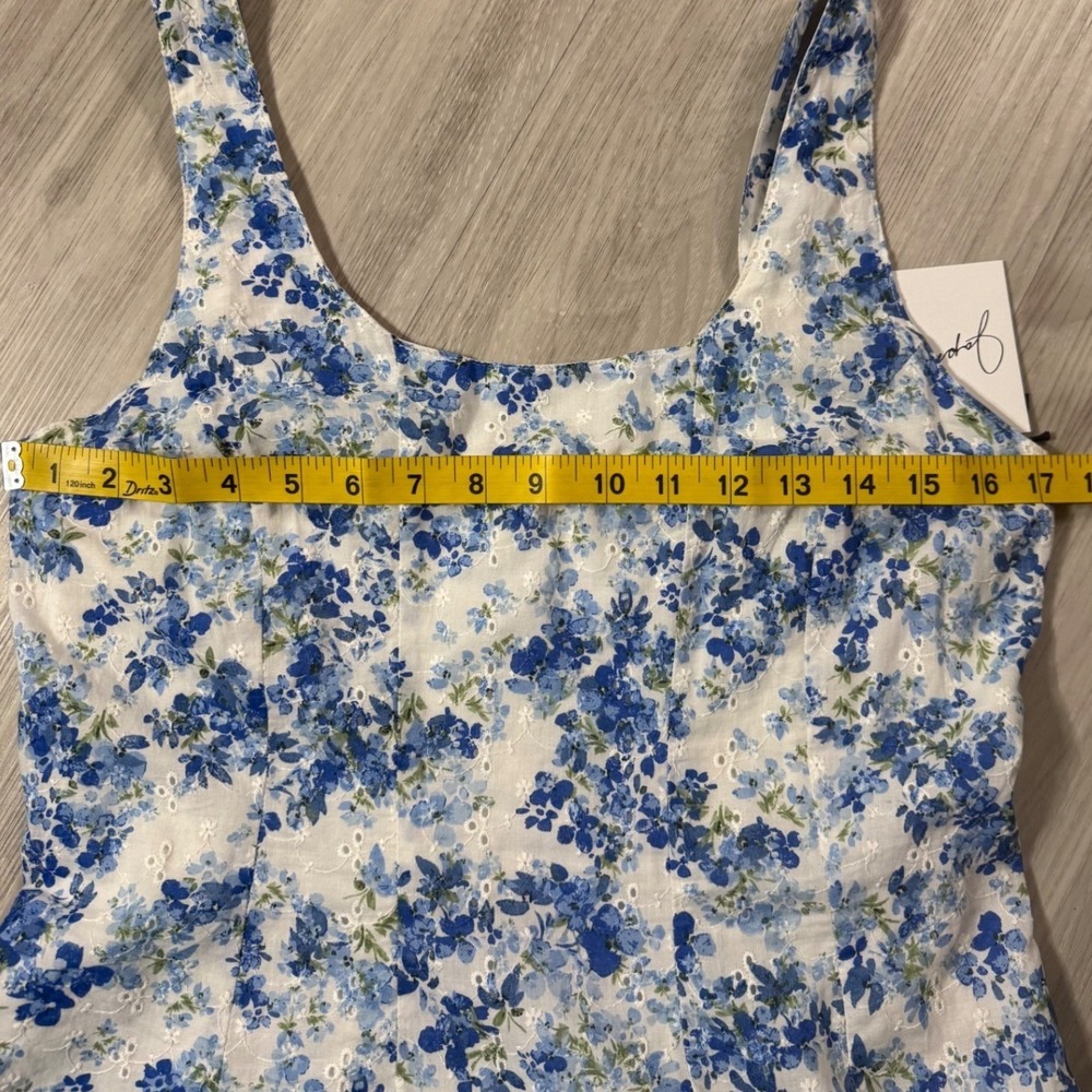 Japna Blue White Floral Eyelet Cotton Mini Dress Smocked Back NWT Size L - Picture 6 of 9